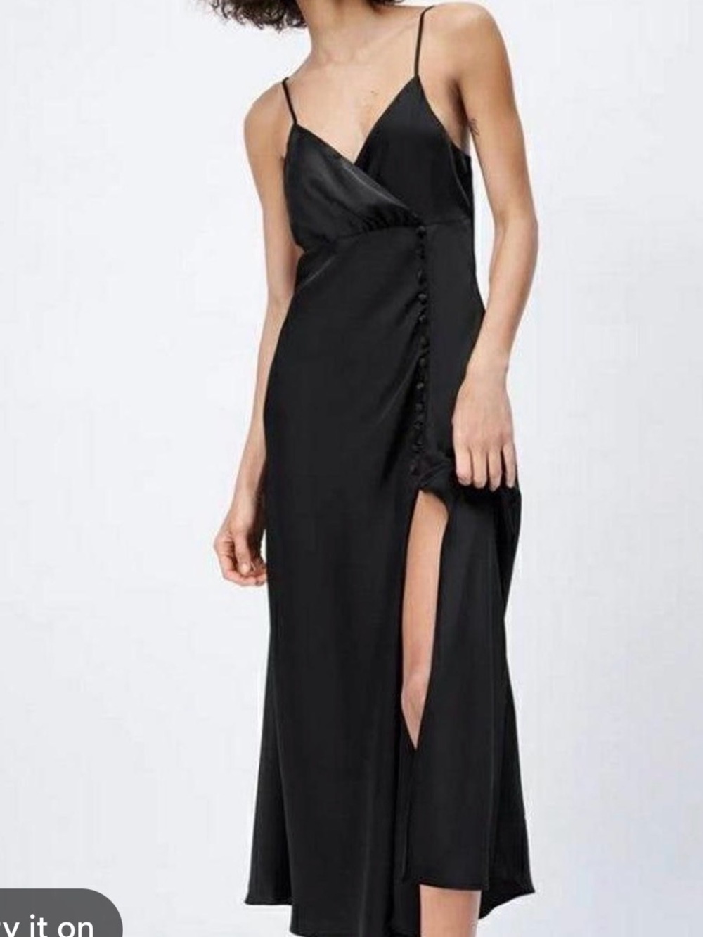 Zara Black Satin Slip Maxi with Side Button Slit